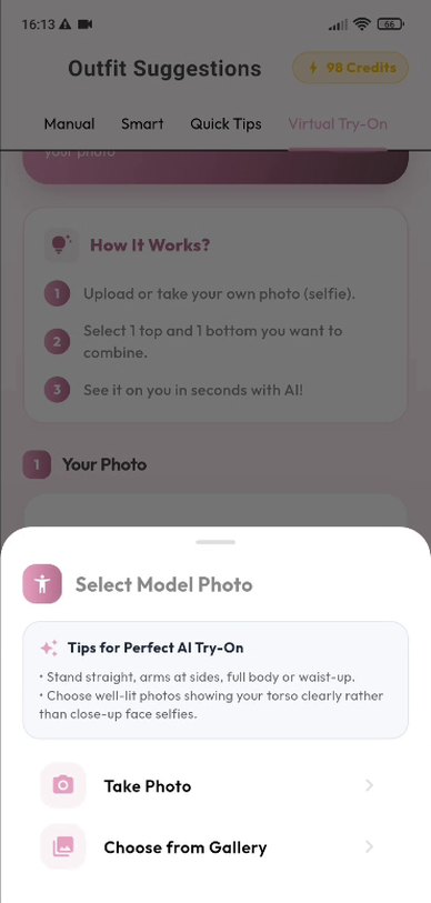 istlook Select Model Photo sheet with Tips for Perfect AI Try-On and the Take Photo and Choose from Gallery options