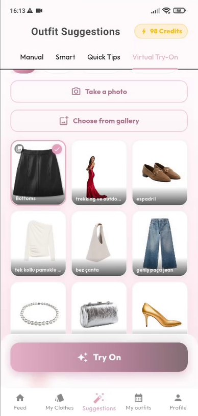 istlook Virtual Try-On closet grid with a black leather skirt selected and a Try On button at the bottom