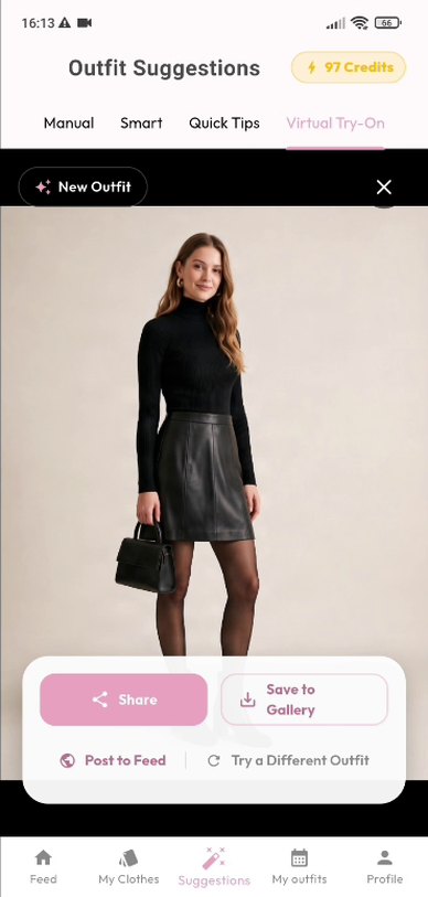 istlook Virtual Try-On result showing the woman wearing a black leather skirt with a black turtleneck and the Share, Save to Gallery, Post to Feed and Try a Different Outfit options