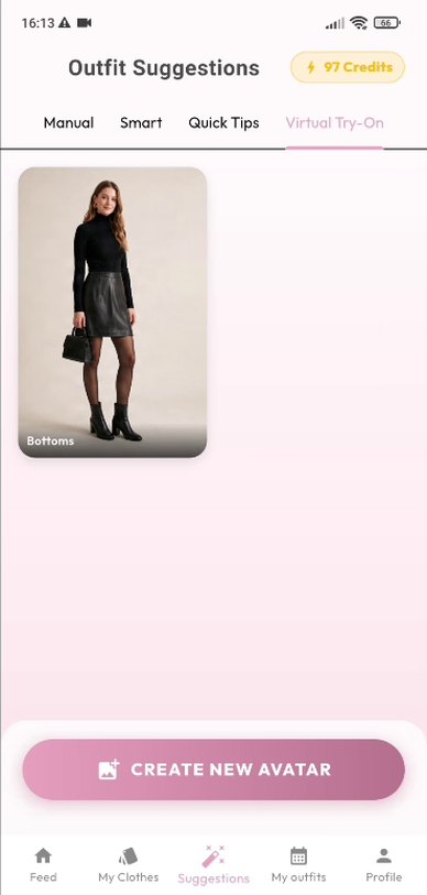 istlook Virtual Try-On screen with a saved avatar card labeled Bottoms and a Create New Avatar button at the bottom
