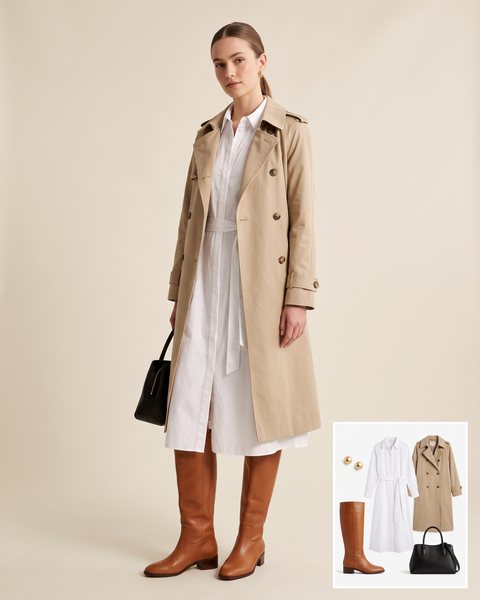 Woman wearing caramel block-heel knee-high boots with a white belted shirt dress, a beige trench coat and a black structured handbag
