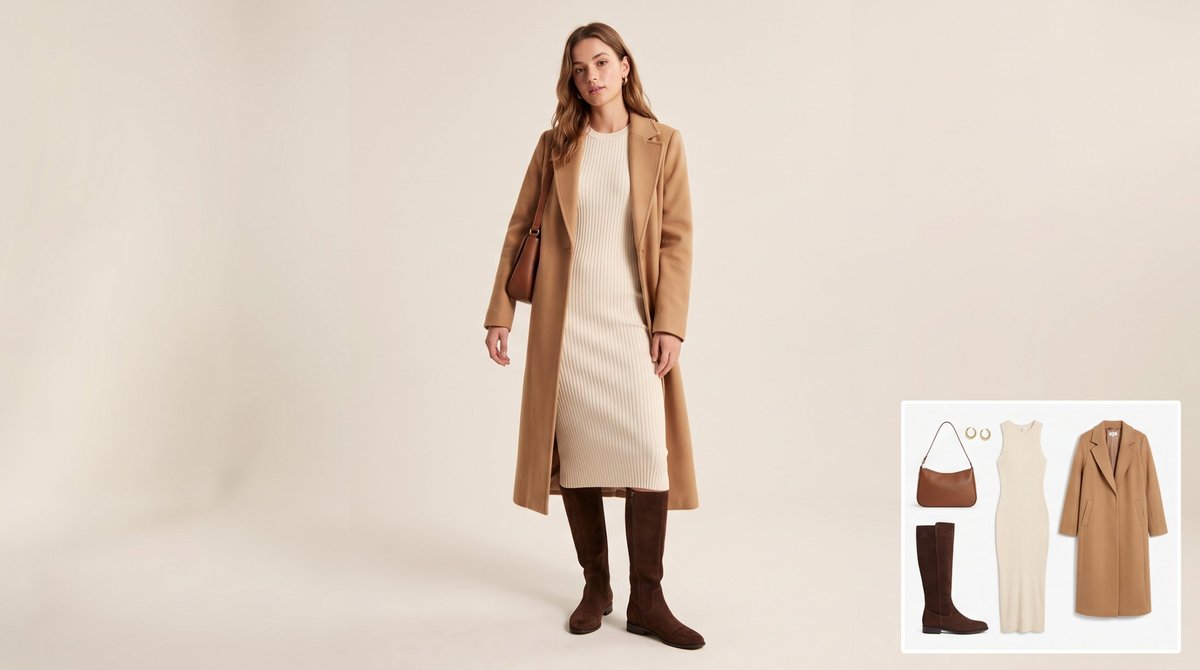 Woman wearing a long camel wool coat open over a cream ribbed knit midi dress, dark chocolate brown suede flat knee-high boots, a brown leather shoulder bag and small gold hoop earrings