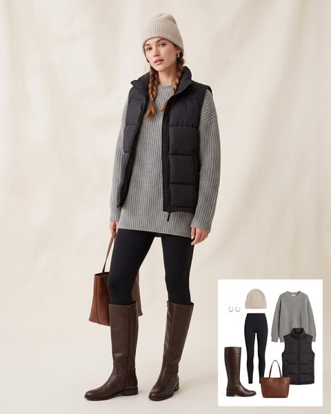 Woman wearing flat dark brown knee-high boots with black leggings, an oversized grey chunky sweater, a black puffer vest, an oatmeal beanie and a brown leather tote