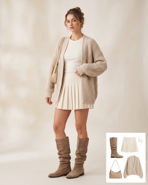 Woman wearing slouchy taupe suede flat knee-high boots with a cream pleated mini skirt, an ivory ribbed tee, an oatmeal cardigan and a small beige shoulder bag