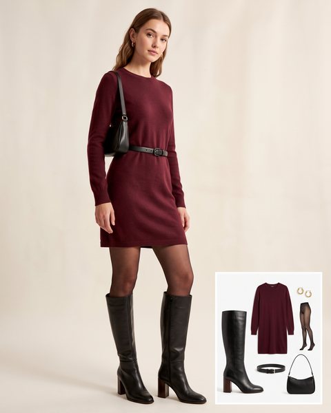 Woman wearing black stacked-heel knee-high boots with a burgundy knit sweater dress, sheer black tights, a thin black belt and a small black shoulder bag