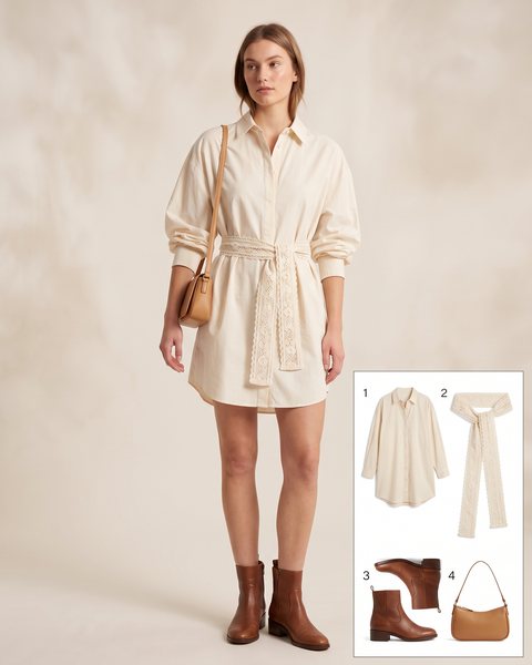 Oversized cream cotton poplin shirt dress cinched with a wide lace-trim fabric belt, brown ankle boots and a tan handbag
