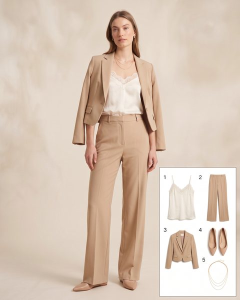 Lace-trim ivory silk camisole tucked into high-waisted beige wide-leg trousers with a cropped blazer and layered gold necklaces