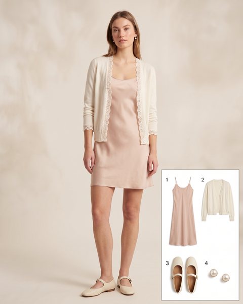 Blush silk slip dress layered under a fine-knit ivory cardigan with a lace-trimmed edge, cream mary jane flats and pearl earrings