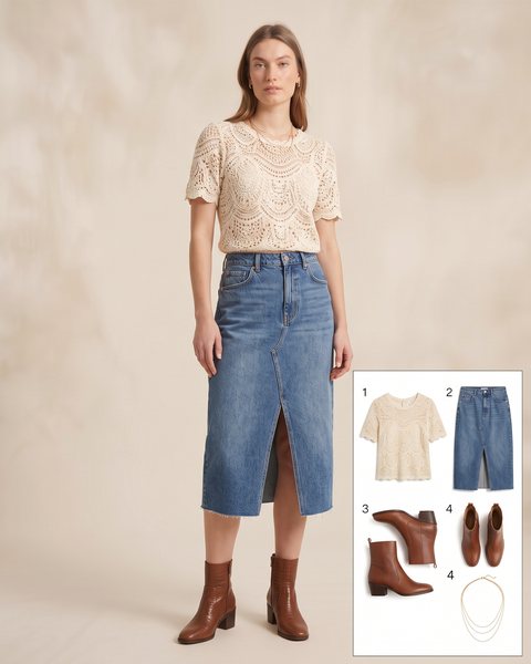 Cream crochet lace short-sleeve top with a medium-wash denim midi skirt, brown ankle boots and layered gold necklaces