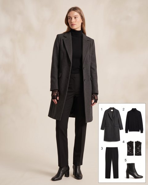 Long charcoal wool coat, black turtleneck and trousers with black lace fingerless gloves and black heeled ankle boots