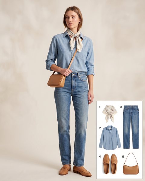 Light blue chambray shirt with a lace-trim silk headscarf tied around the neck, straight-leg jeans, tan loafers and a crossbody bag