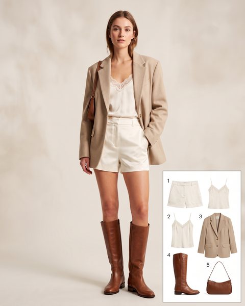 Tailored ivory satin shorts, lace-trim silk camisole and an oversized beige blazer worn open with knee-high brown boots