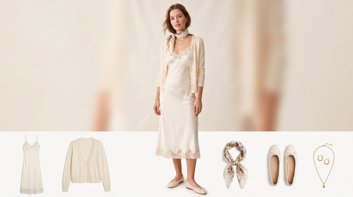 Woman wearing an ivory lace-trim silk slip dress under a cream lace-trim cardigan with a lace-trim headscarf tied at the neck, a classic Laced Up outfit