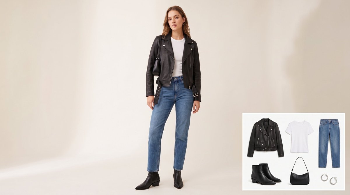 Woman wearing a black leather biker jacket with an asymmetric zip and belted waist over a white ribbed tee, mid-wash straight-leg jeans, pointed black ankle boots, a black shoulder bag and silver hoop earrings