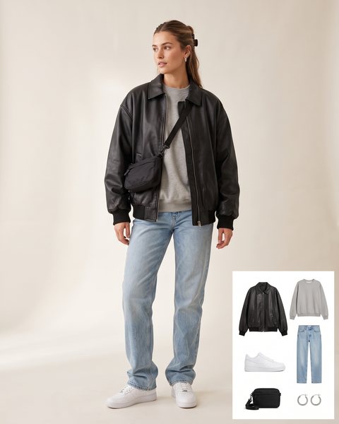 Woman wearing an oversized black leather bomber jacket with a grey sweatshirt, light-wash straight jeans, white sneakers and a black crossbody bag