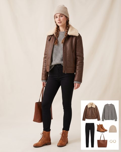 Woman wearing a brown leather aviator jacket with a cream shearling collar, a grey chunky sweater, black skinny jeans, tan lace-up boots and an oatmeal beanie