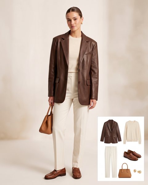 Woman wearing an oversized chocolate brown leather blazer with a cream sweater, ivory straight-leg trousers, brown penny loafers and a tan top-handle bag