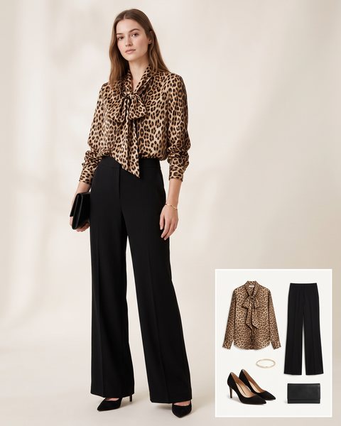Woman wearing a leopard print silk pussy-bow blouse tucked into black high-waisted wide-leg trousers with black pointed pumps, a black clutch and a thin gold bracelet