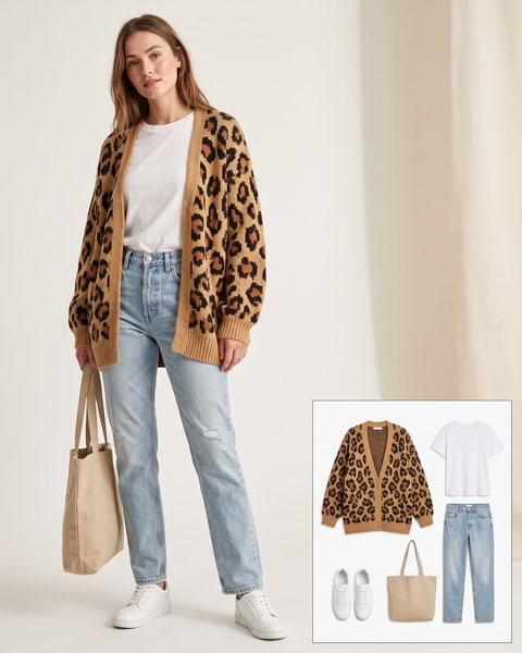 Woman wearing an oversized leopard print knit cardigan over a white t-shirt with light-wash straight-leg jeans, white leather sneakers and a natural canvas tote bag