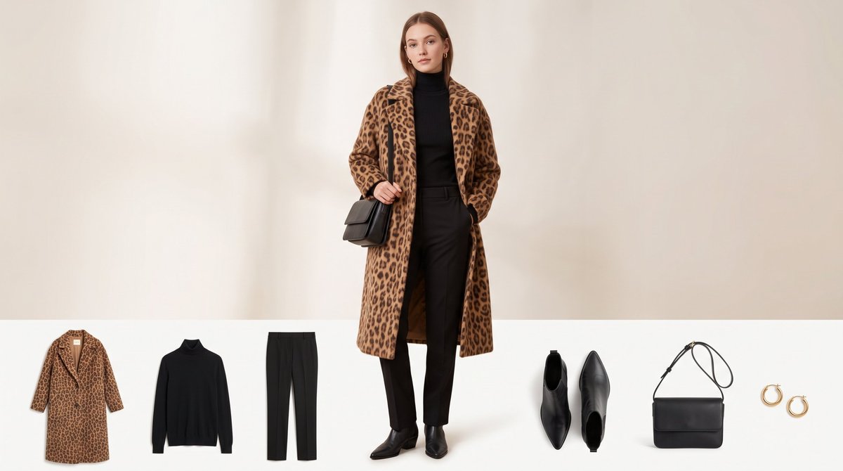 Woman wearing a long camel and brown leopard print wool coat open over a black fine-knit turtleneck, black straight-leg tailored trousers, black pointed ankle boots, a black leather shoulder bag and small gold hoop earrings