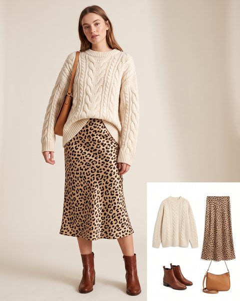 Woman wearing a leopard print satin midi slip skirt with an oversized cream cable-knit sweater, brown leather ankle boots and a tan leather shoulder bag