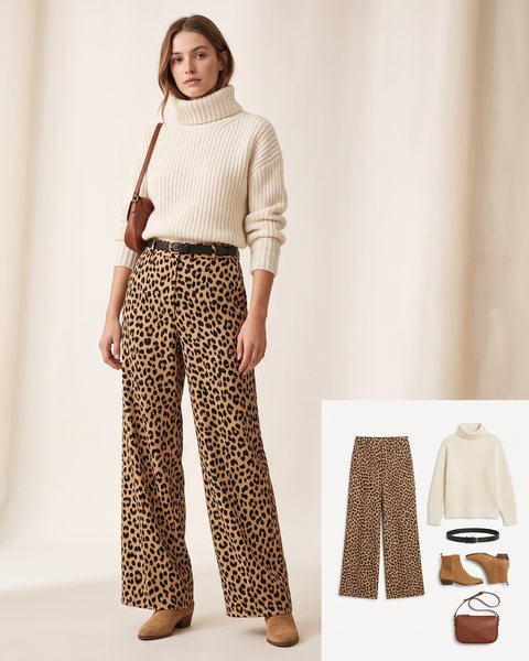 Woman wearing high-waisted leopard print wide-leg trousers with a chunky ivory roll-neck sweater, a black leather belt, tan suede ankle boots and a small brown leather bag