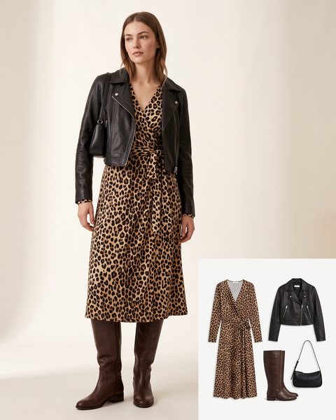 Woman wearing a long-sleeve leopard print wrap midi dress with a black cropped leather biker jacket, chocolate brown knee-high boots and a small black shoulder bag