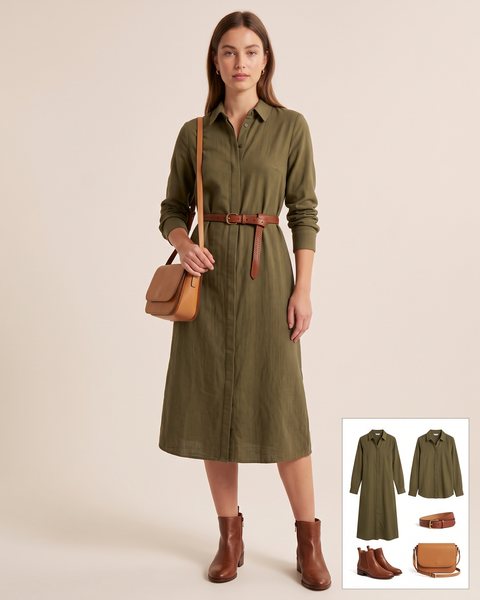 Olive green cotton shirt dress cinched at the waist with a thin brown leather belt, brown leather ankle boots and a tan crossbody bag