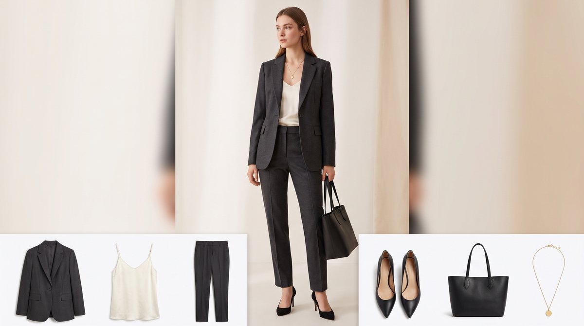 Woman wearing a charcoal grey single-breasted blazer over an ivory silk camisole, matching charcoal trousers, black pumps, a black structured tote and a gold pendant necklace