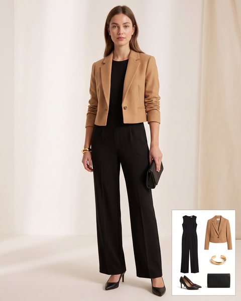 Black tailored sleeveless jumpsuit with wide-leg trousers, layered under a cropped camel blazer worn open, black heels, a gold cuff bracelet and a black clutch