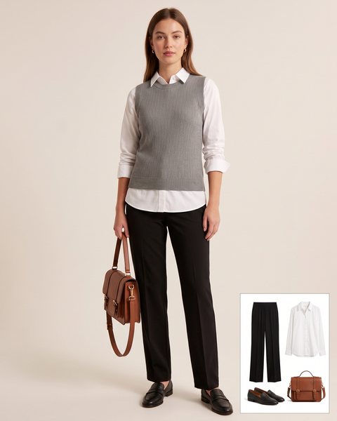Grey ribbed knit vest layered over a white collared button-down shirt, black tailored trousers, black loafers and a brown satchel bag