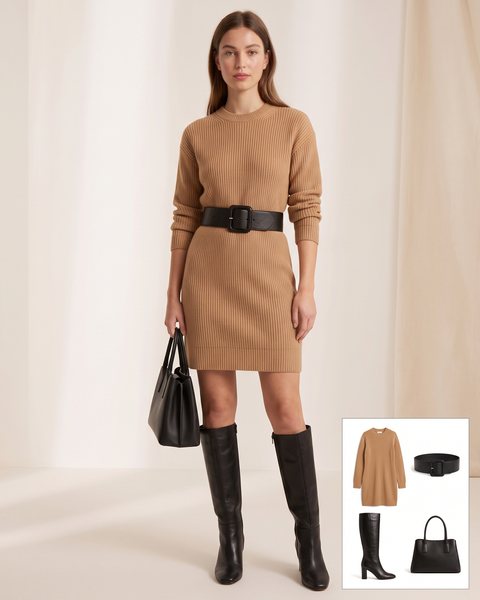 Camel ribbed knit sweater dress cinched at the waist with a wide black statement belt, knee-high black leather boots and a black handbag