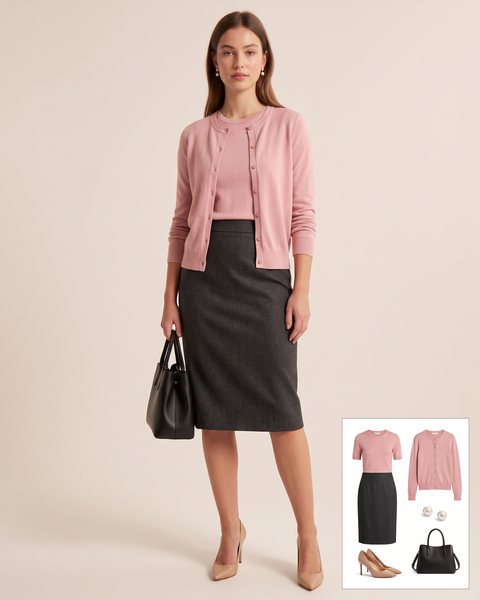 Soft pink matching cardigan twinset with a charcoal grey pencil skirt, nude pumps, pearl stud earrings and a black top-handle bag