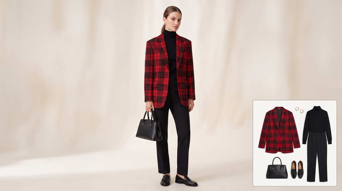 Woman wearing an oversized red and black tartan wool blazer open over a black fine-knit turtleneck, black straight-leg tailored trousers, black leather loafers, a black top-handle bag and small gold hoop earrings