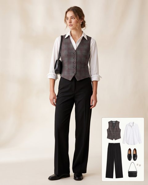 Woman wearing a grey and burgundy plaid waistcoat over a white shirt with black wide-leg trousers, black loafers, a black shoulder bag and pearl stud earrings