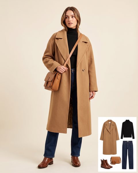 Long oversized camel wool coat with wide lapels over a black turtleneck, dark denim jeans and a tan satchel bag