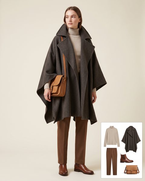 Oversized wool cape coat draped over both shoulders with a wide collar, oatmeal turtleneck, brown trousers and a tan satchel