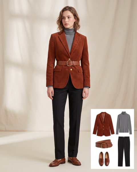 Rust corduroy blazer cinched with a wide brown leather belt over a grey turtleneck, black trousers and loafers
