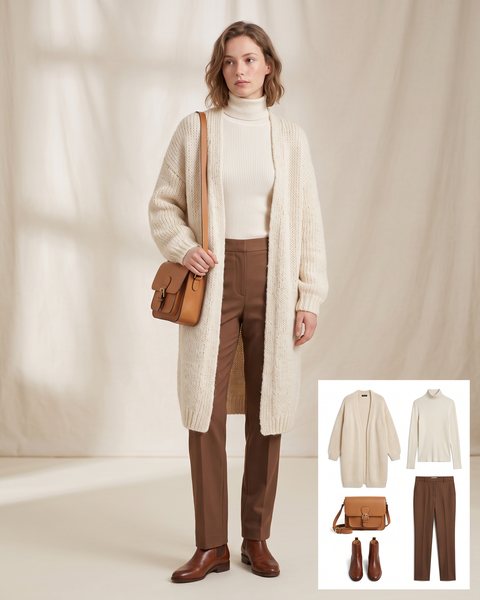 Long oversized cream wool cardigan over an ivory turtleneck, brown trousers, ankle boots and a tan satchel bag