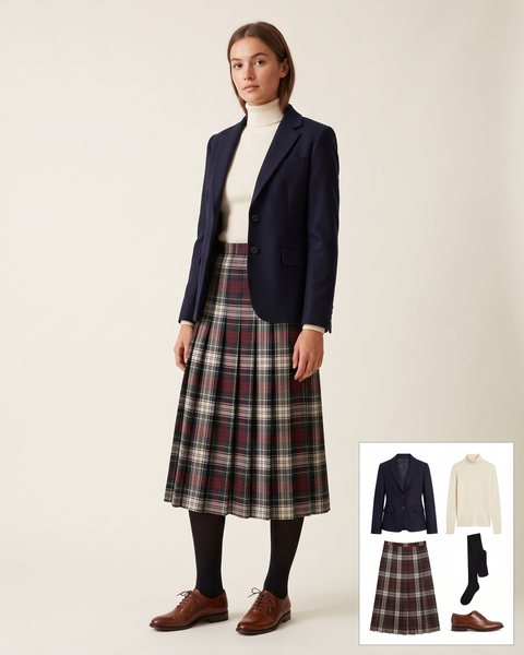 Navy wool blazer with a pleated tartan plaid midi skirt, cream turtleneck, black tights and brown oxford shoes