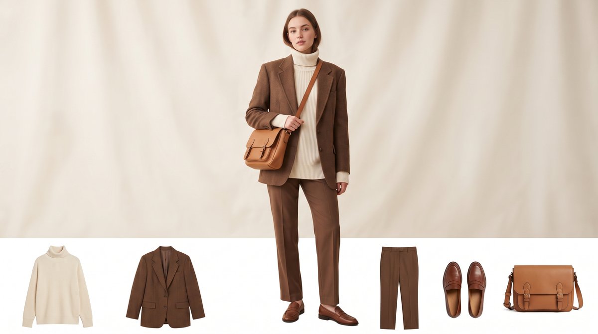 Woman wearing an oversized cream turtleneck sweater, a brown vintage-cut blazer, brown trousers and a tan leather satchel bag, a classic poetcore outfit