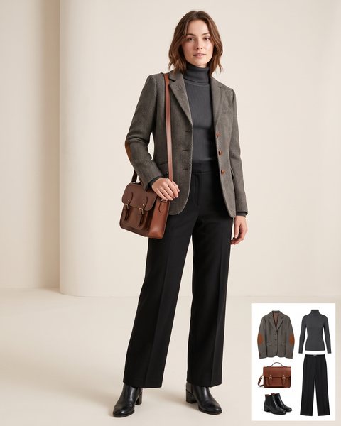Herringbone tweed blazer with suede elbow patches over a charcoal turtleneck, black wide-leg trousers and a brown satchel