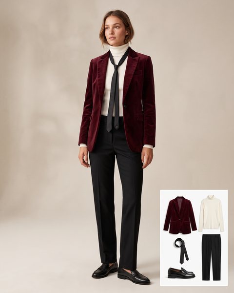 Burgundy velvet blazer over an ivory turtleneck with a loosely worn black skinny necktie, black trousers and loafers