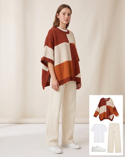 Color-block geometric knit poncho in rust, cream and orange over a white t-shirt and cream wide-leg trousers with white sneakers