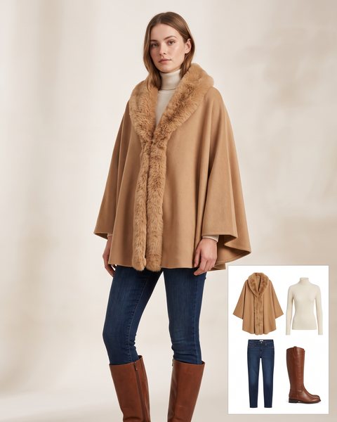 Camel wool poncho cape with a faux-fur collar and trim over a cream turtleneck, skinny jeans and tall brown boots