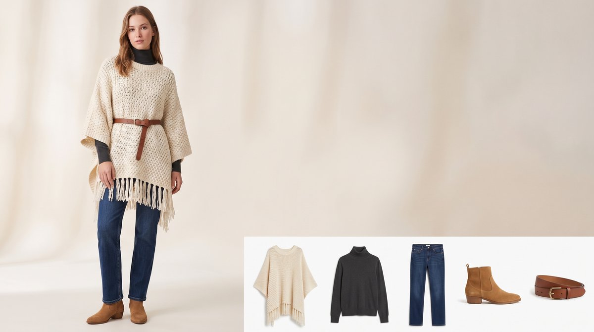 Woman wearing a cream chunky-knit fringed-hem poncho over a black turtleneck, straight-leg jeans, a brown belt and tan ankle boots