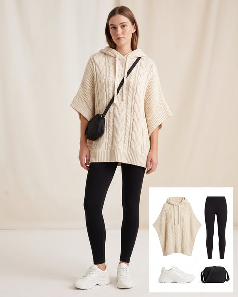 Cream cable-knit hooded poncho with black leggings, white sneakers and a black crossbody bag