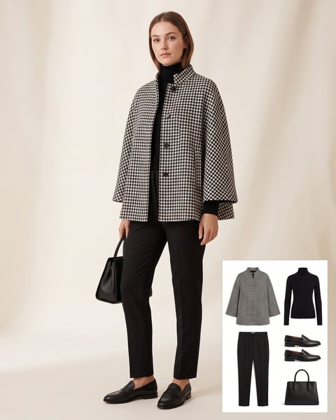 Houndstooth check structured poncho cape over a black turtleneck and black trousers with black loafers and a black bag