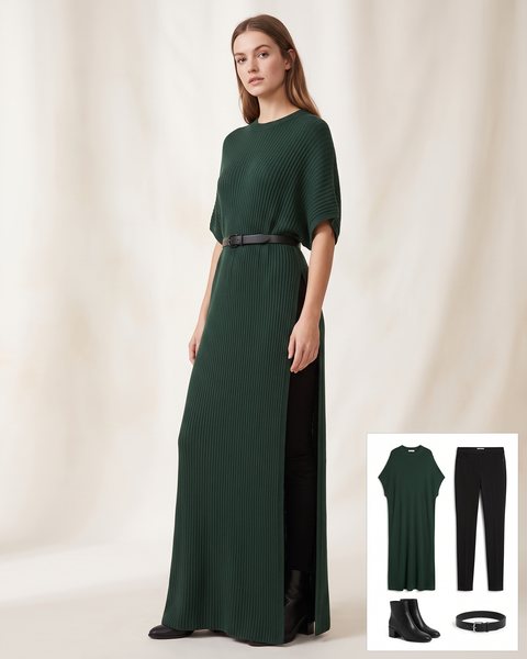 Long green ribbed maxi poncho-sweater with a side slit over black trousers with black boots and a black belt