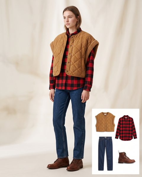Tan quilted shearling cropped poncho vest over a red buffalo check flannel shirt, jeans and brown lace-up boots